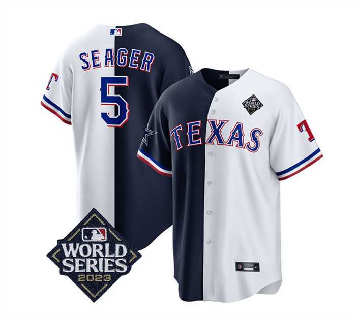 Mens Texas Rangers & Cowboys #5 Corey Seager Navy White 2023 World Series Splite Stitched Baseball Jersey Dzhi->texas rangers->MLB Jersey